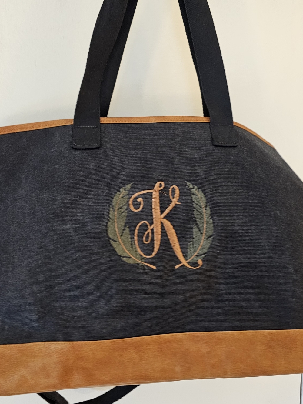 Embroidered Initial 'K' Satchel Bag - Denim & Tan